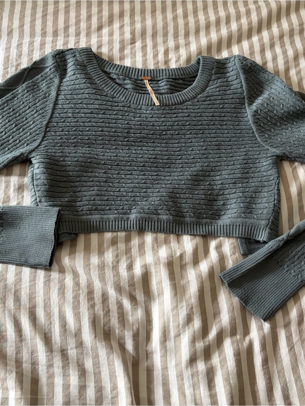 Free People Cropped Textured Crewneck Sweater in Slate